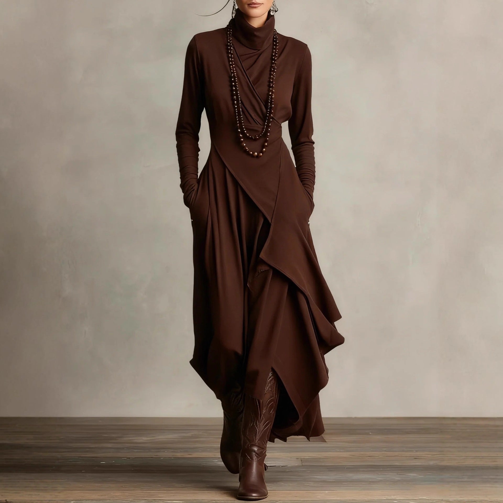 Long-sleeved crossover high-neck maxi dress