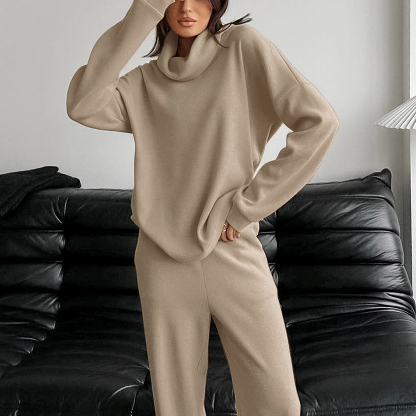 Khaki High-Neck Knit Sweater Set