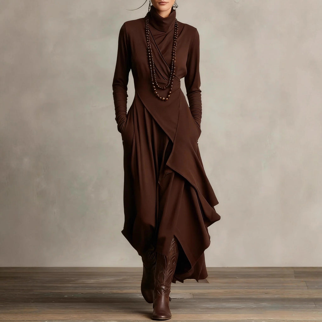 Long-sleeved crossover high-neck maxi dress