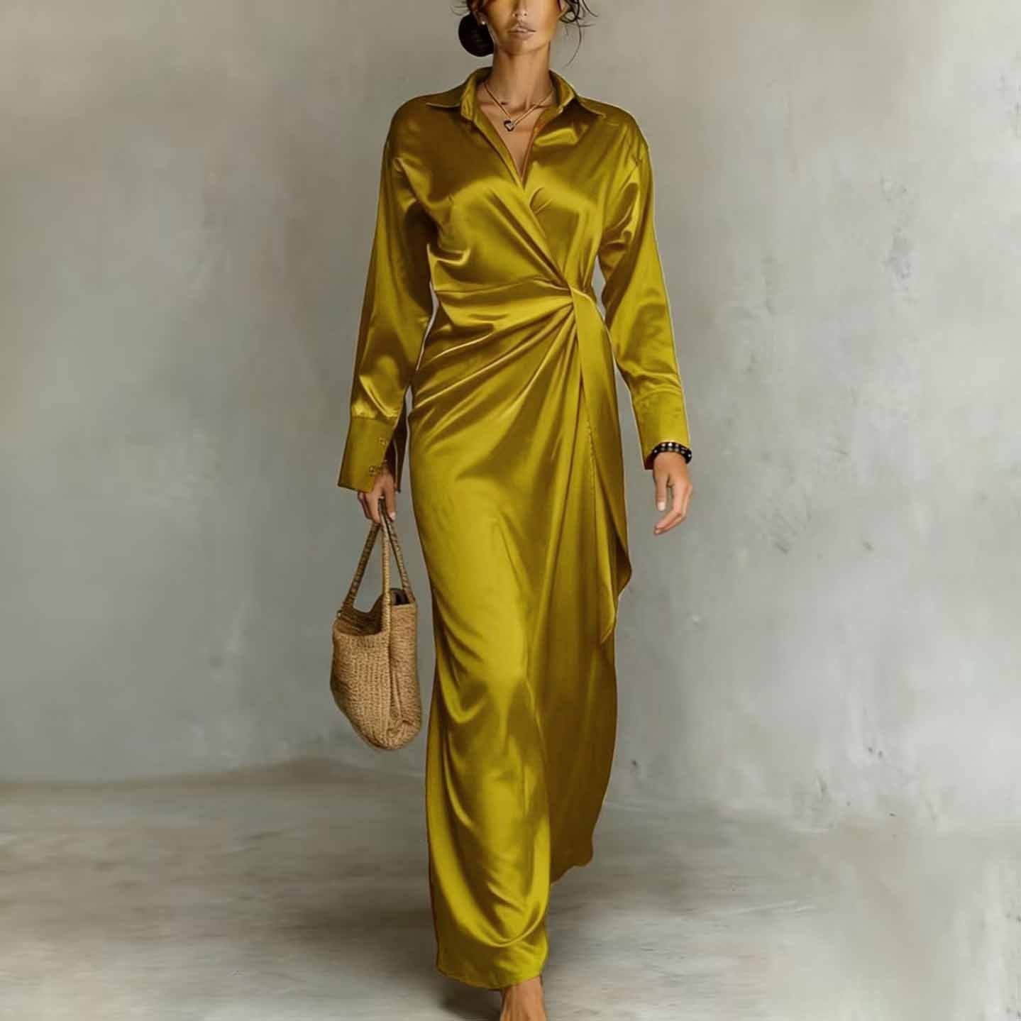 Long-Sleeve Casual Split-Hem Satin Dress