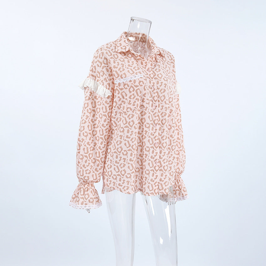 Ruffled Lantern Sleeve Top - Pink Leopard Print Shirt