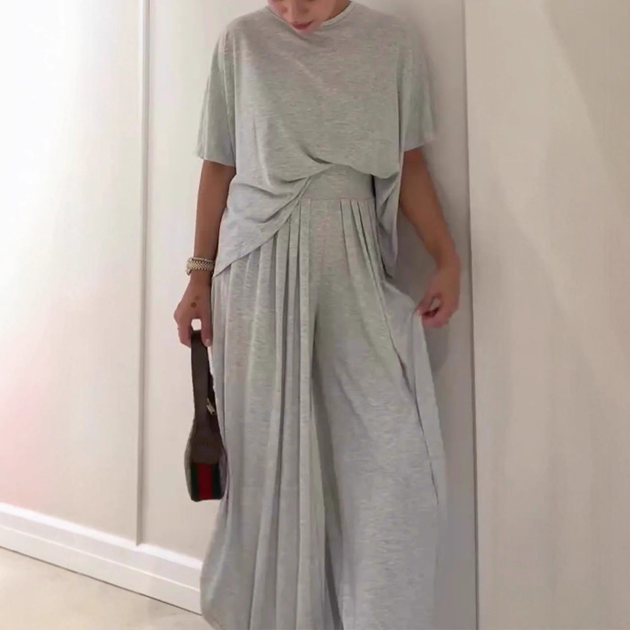 Casual Relaxed Comfortable Crew Neck Wide-Leg Pants Set