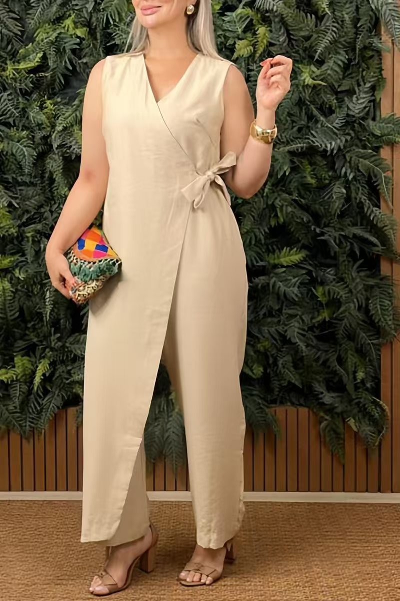 2026 Spring/Summer New Arrival Women's Solid Color Casual V-Neck Tie-Waist Jumpsuit