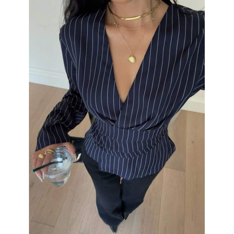 2026 New Arrival Shirt with Contrasting Color Stripes and Floral Print V-Neck Top