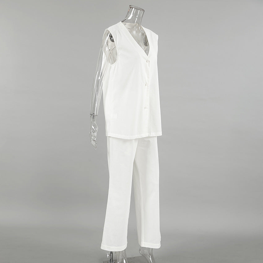 V-neck vest and wide-leg pants two-piece set