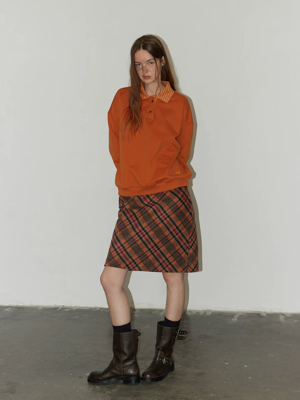 Orange Plaid Wool Skirt with Contrasting Colors