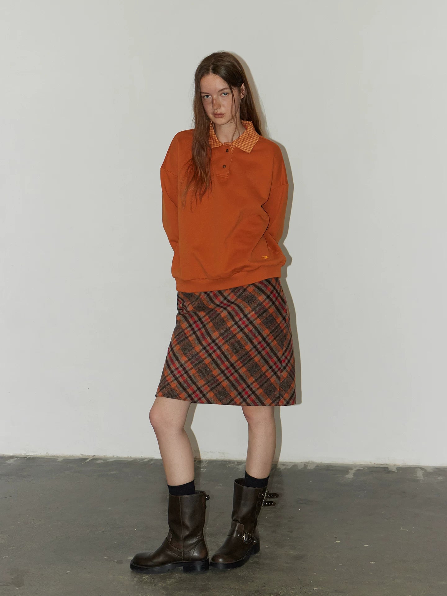 Orange Plaid Wool Skirt with Contrasting Colors