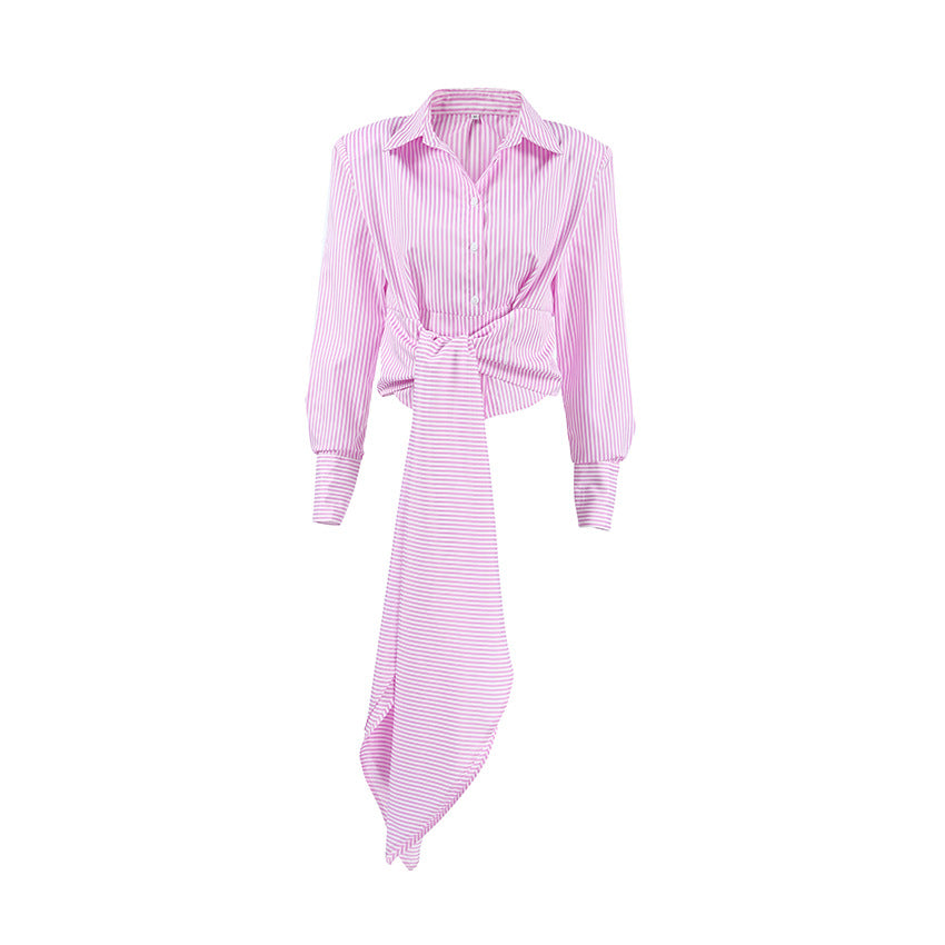 French-Style Lace-Up Striped Shirt - Women's Short-Sleeve Top