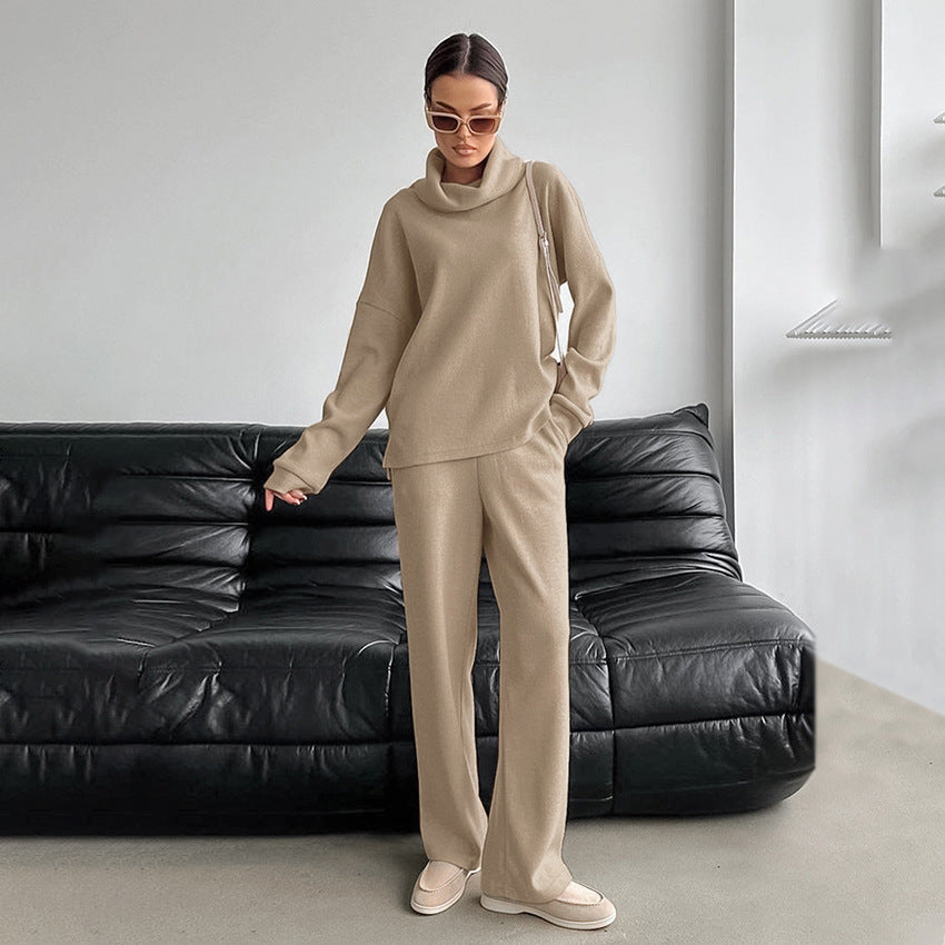 Khaki High-Neck Knit Sweater Set