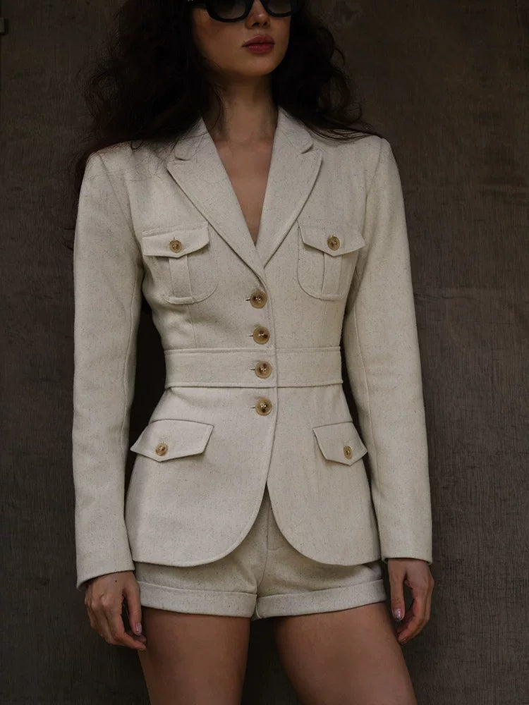 Retro Suit Straight-Leg Shorts French-Style Set Beige Wool Two-Piece
