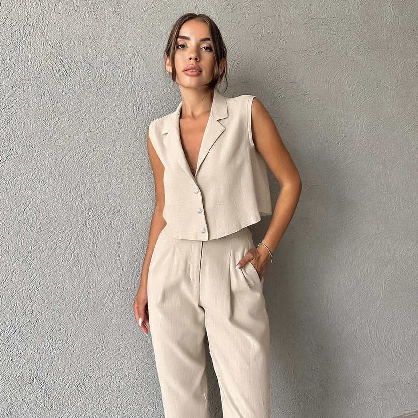 2026 Summer Khaki Cotton-Linen Blend Sleeveless Blazer