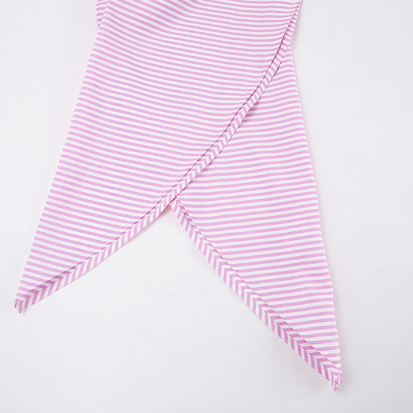 French-Style Lace-Up Striped Shirt - Women's Short-Sleeve Top