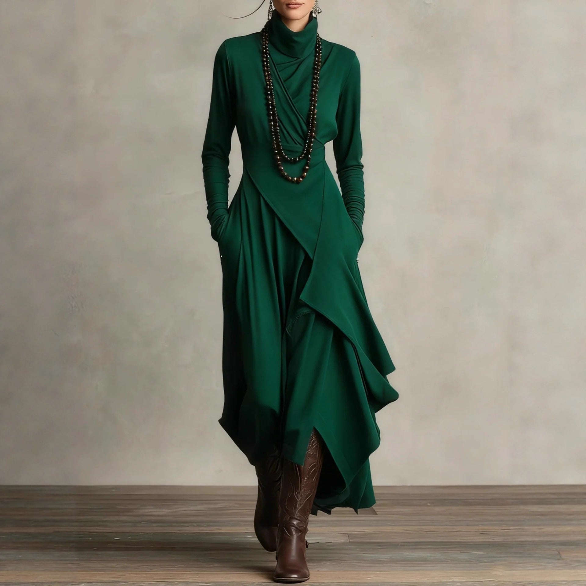 Long-sleeved crossover high-neck maxi dress