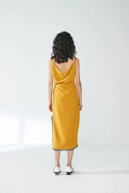 Elegant French-Style Lemon Yellow Dress for Women
