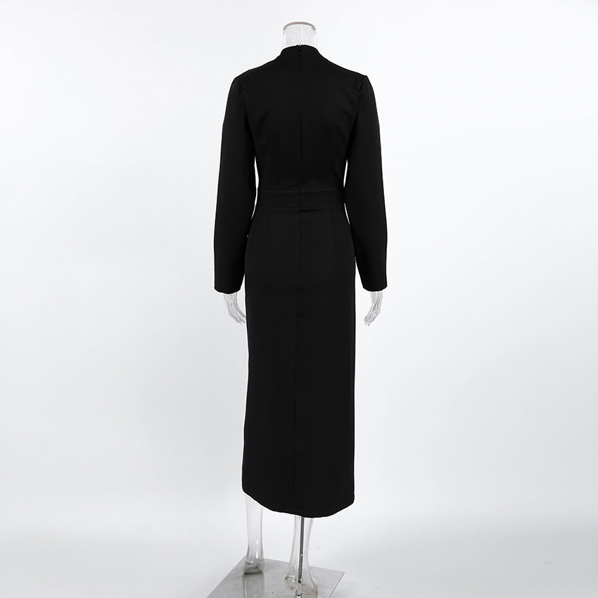 V-neck Bow-Tie Long-Sleeve Dress