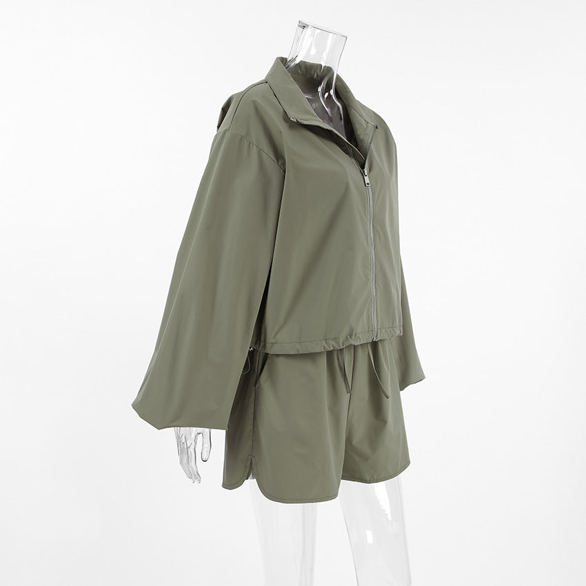 Fashionable Gray Sporty Trench Coat Women's Set