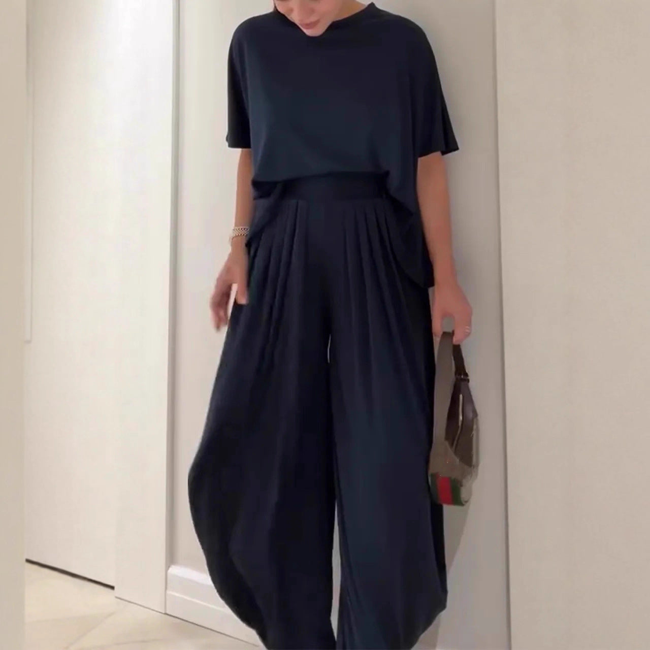 Casual Relaxed Comfortable Crew Neck Wide-Leg Pants Set