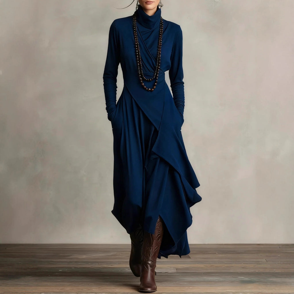 Long-sleeved crossover high-neck maxi dress