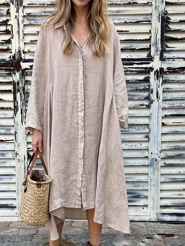 Loose Solid-Color Cotton-Linen Long Dress Shirt Dress