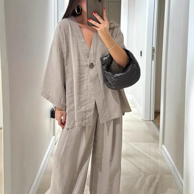 Women's V-neck top and wide-leg pants casual set