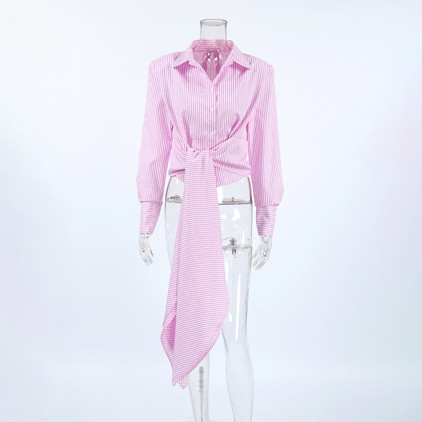 French-Style Lace-Up Striped Shirt - Women's Short-Sleeve Top