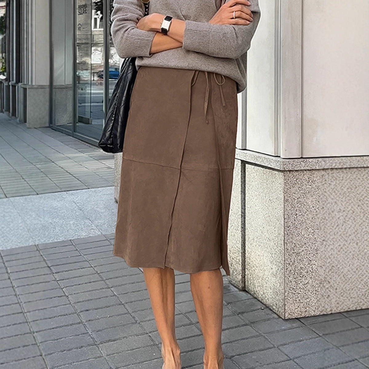 Mid-length suede skirt