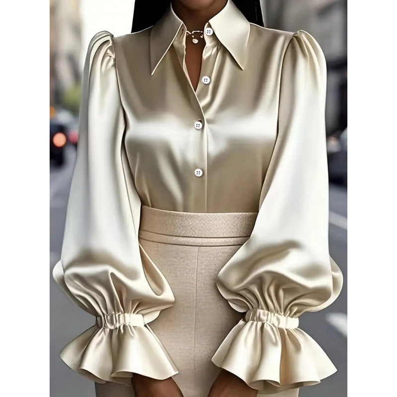 Women's Long-Sleeved Collared Satin Shirt