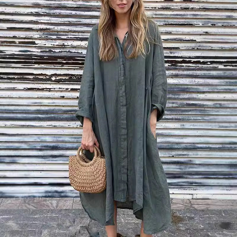 Loose Solid-Color Cotton-Linen Long Dress Shirt Dress