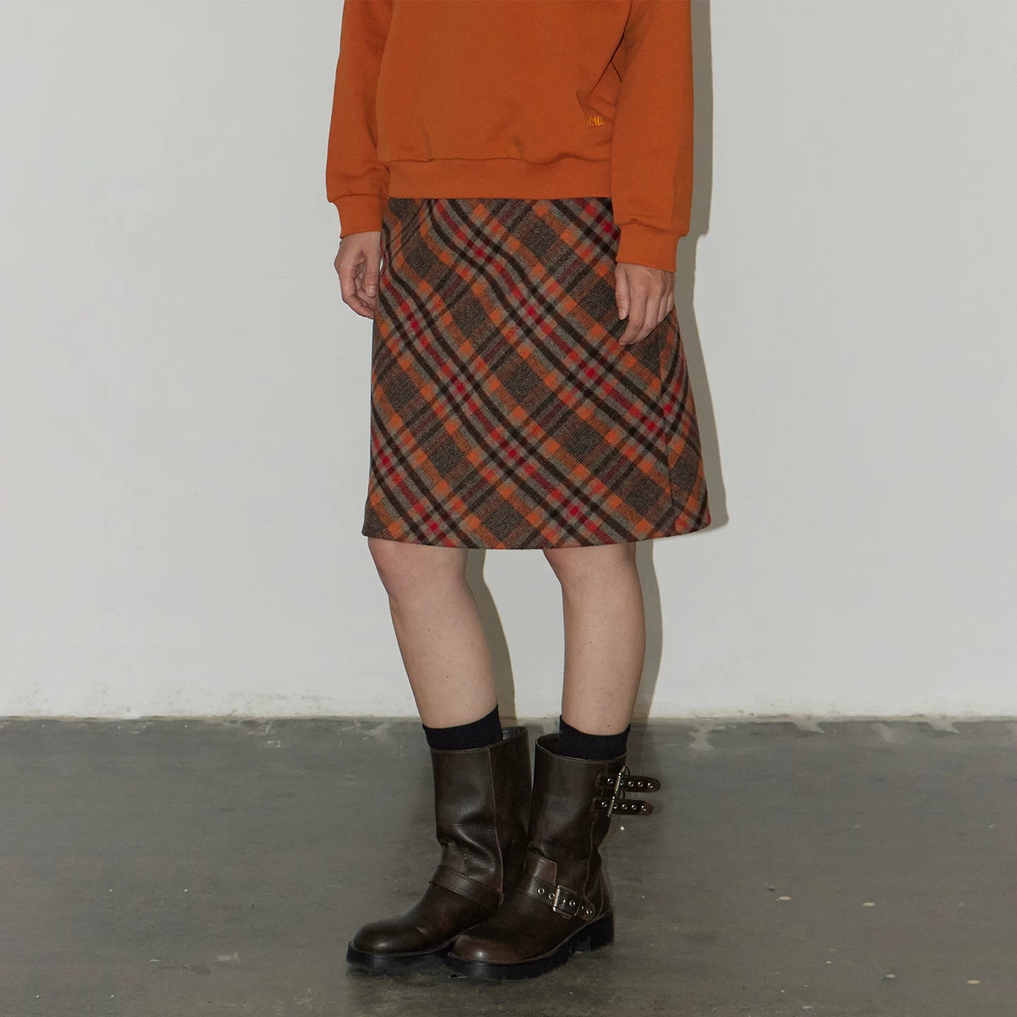 Orange Plaid Wool Skirt with Contrasting Colors