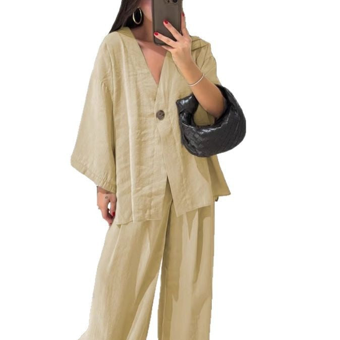 Women's V-neck top and wide-leg pants casual set