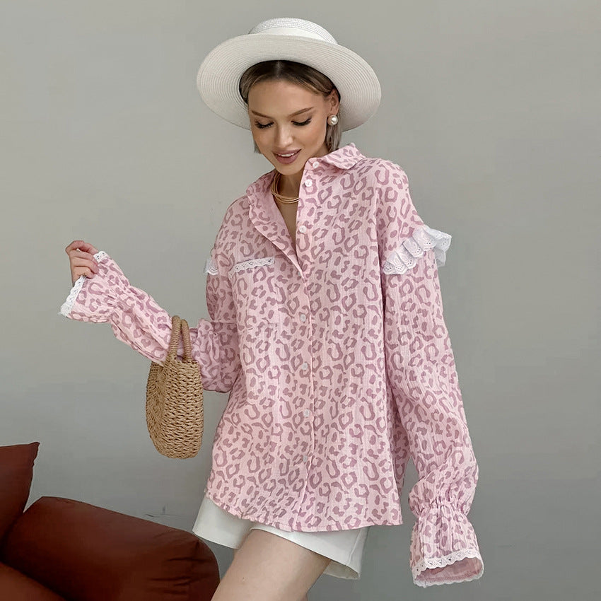 Ruffled Lantern Sleeve Top - Pink Leopard Print Shirt