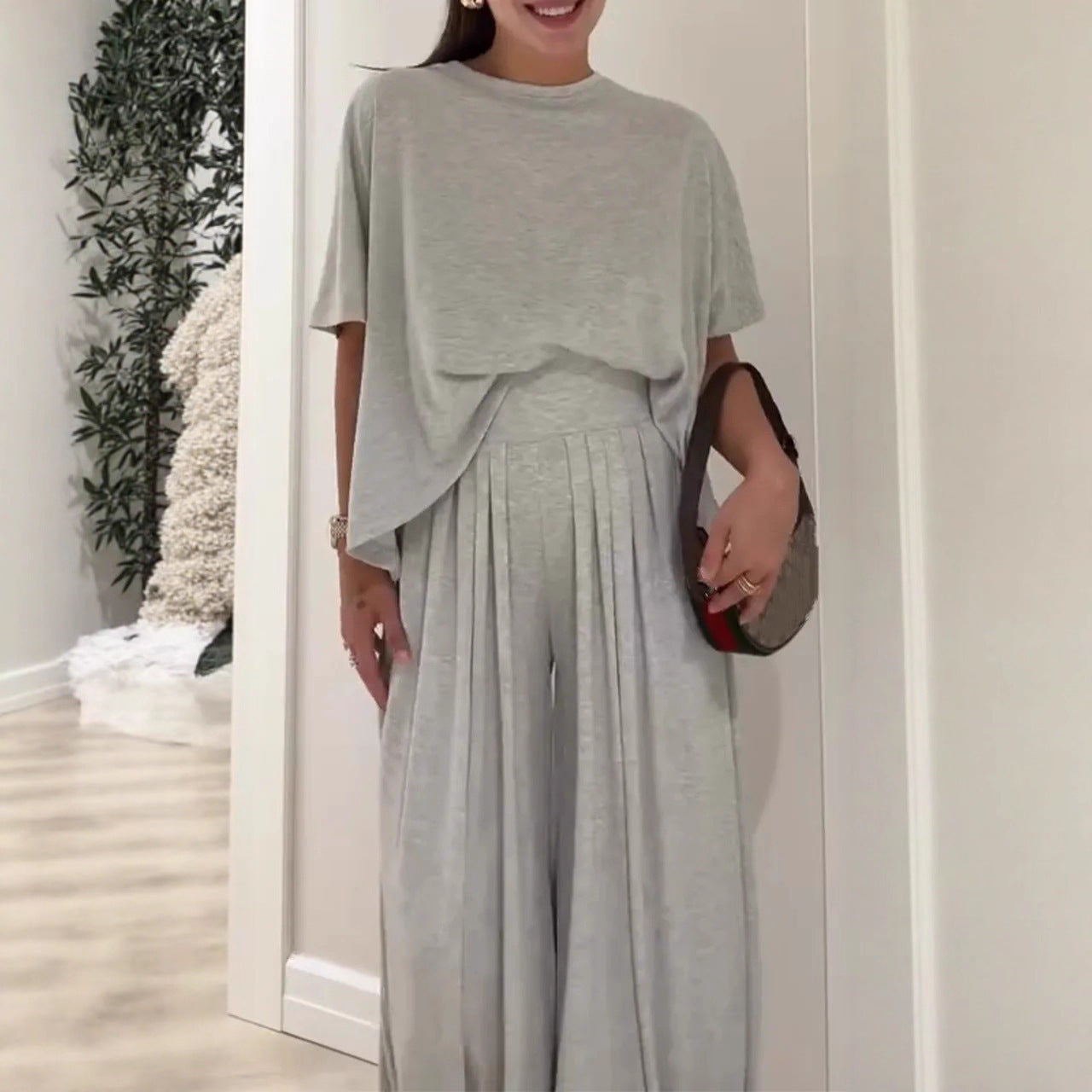 Casual Relaxed Comfortable Crew Neck Wide-Leg Pants Set