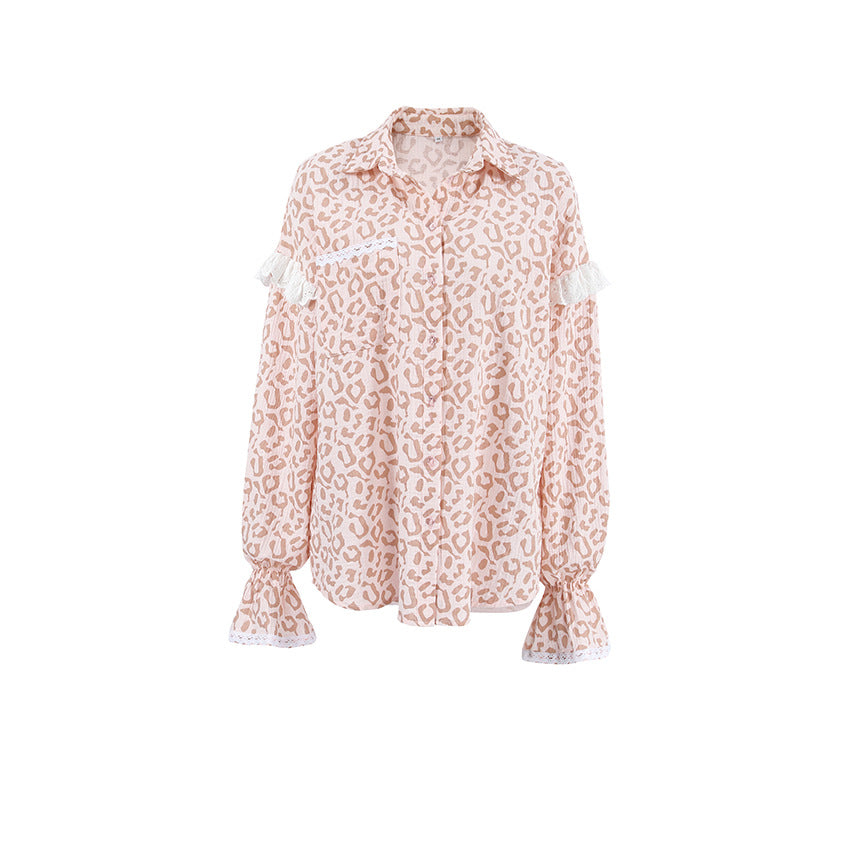 Ruffled Lantern Sleeve Top - Pink Leopard Print Shirt