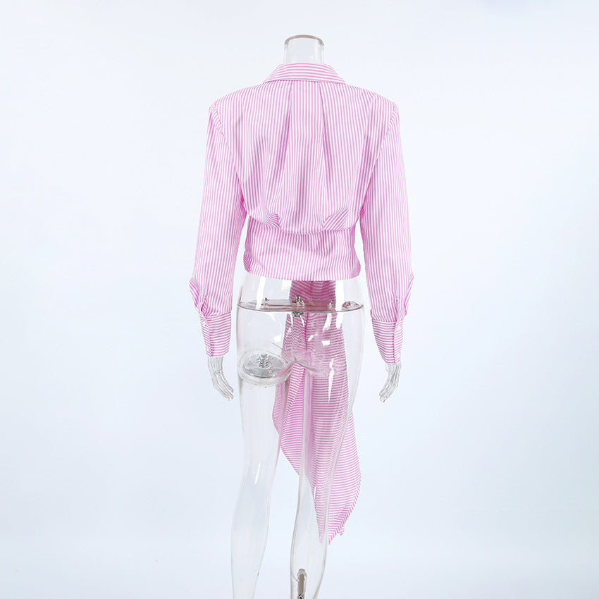 French-Style Lace-Up Striped Shirt - Women's Short-Sleeve Top