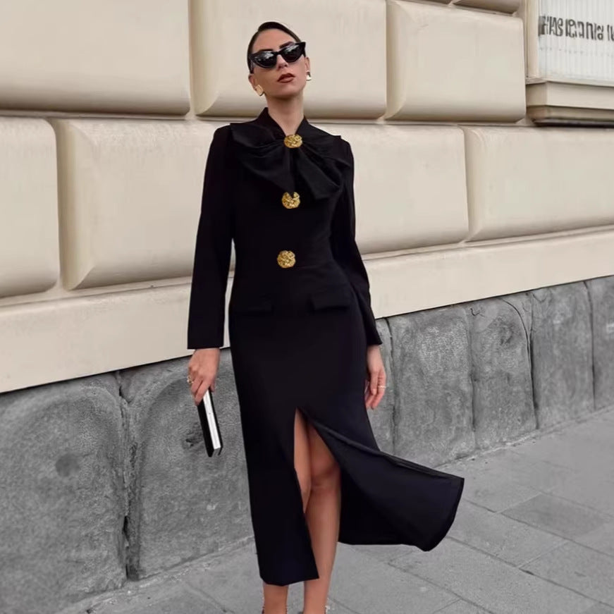 V-neck Bow-Tie Long-Sleeve Dress