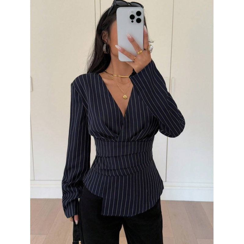 2026 New Arrival Shirt with Contrasting Color Stripes and Floral Print V-Neck Top