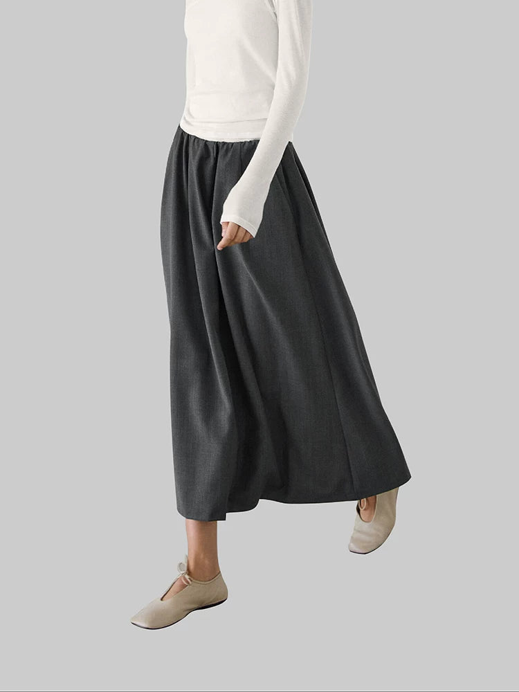 Wool Mid-Length Elastic Waist A-Line Skirt