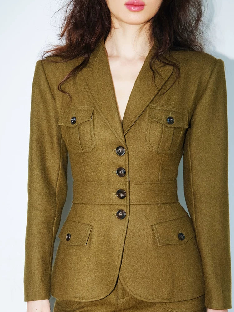 Retro Suit Straight-Leg Shorts French-Style Set Beige Wool Two-Piece