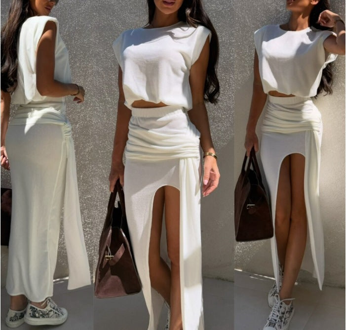 2026 Fashion Comfortable Casual Crew Neck Sleeveless Top with Tie-Front Slit Mid-Length Skirt Set
