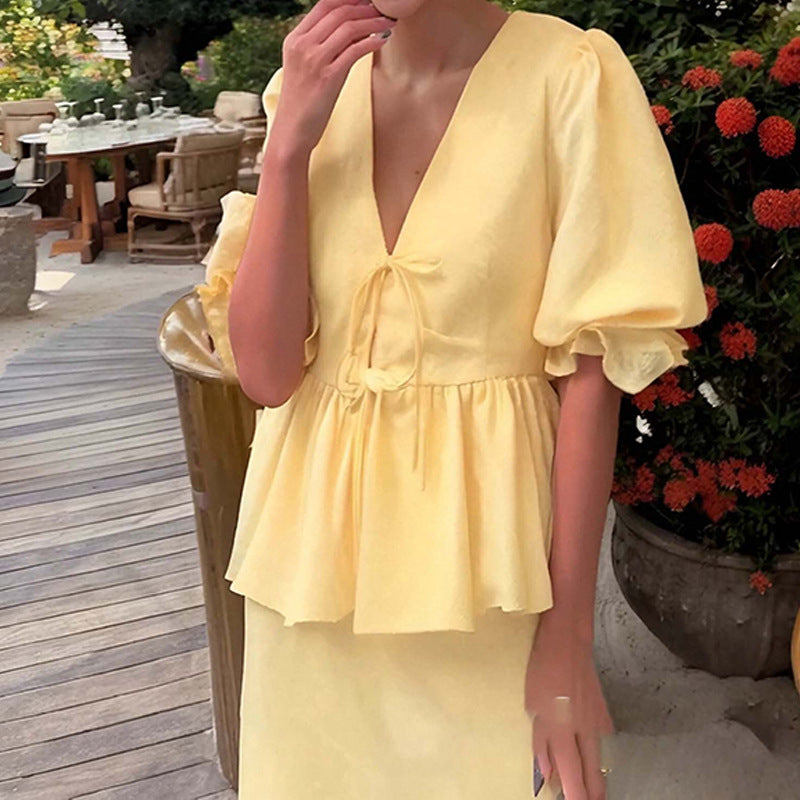 2026 Solid Color V-Neck Casual Short-Sleeve Midi Skirt Set