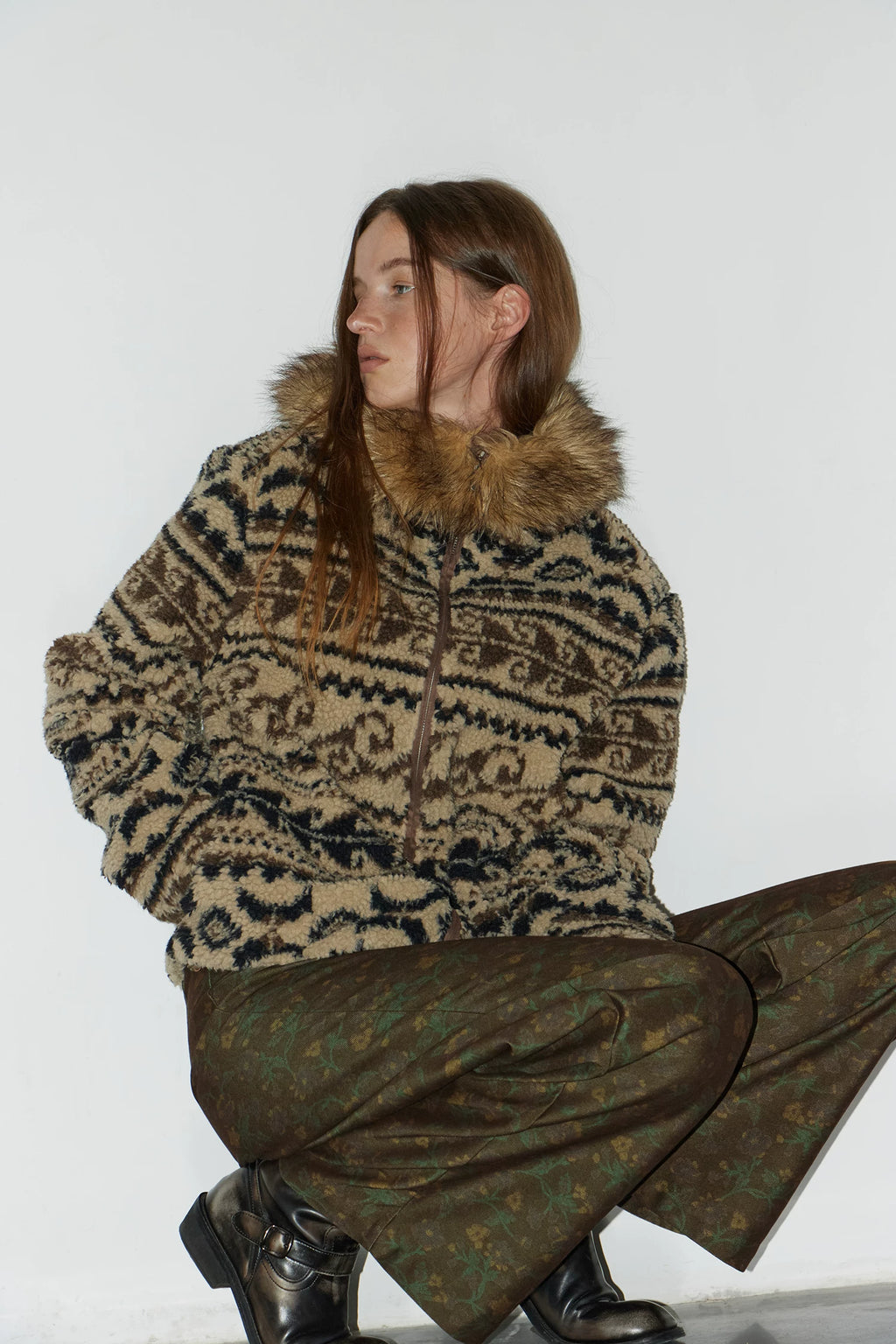 Retro-Printed Subtle-Patterned Casual Pants