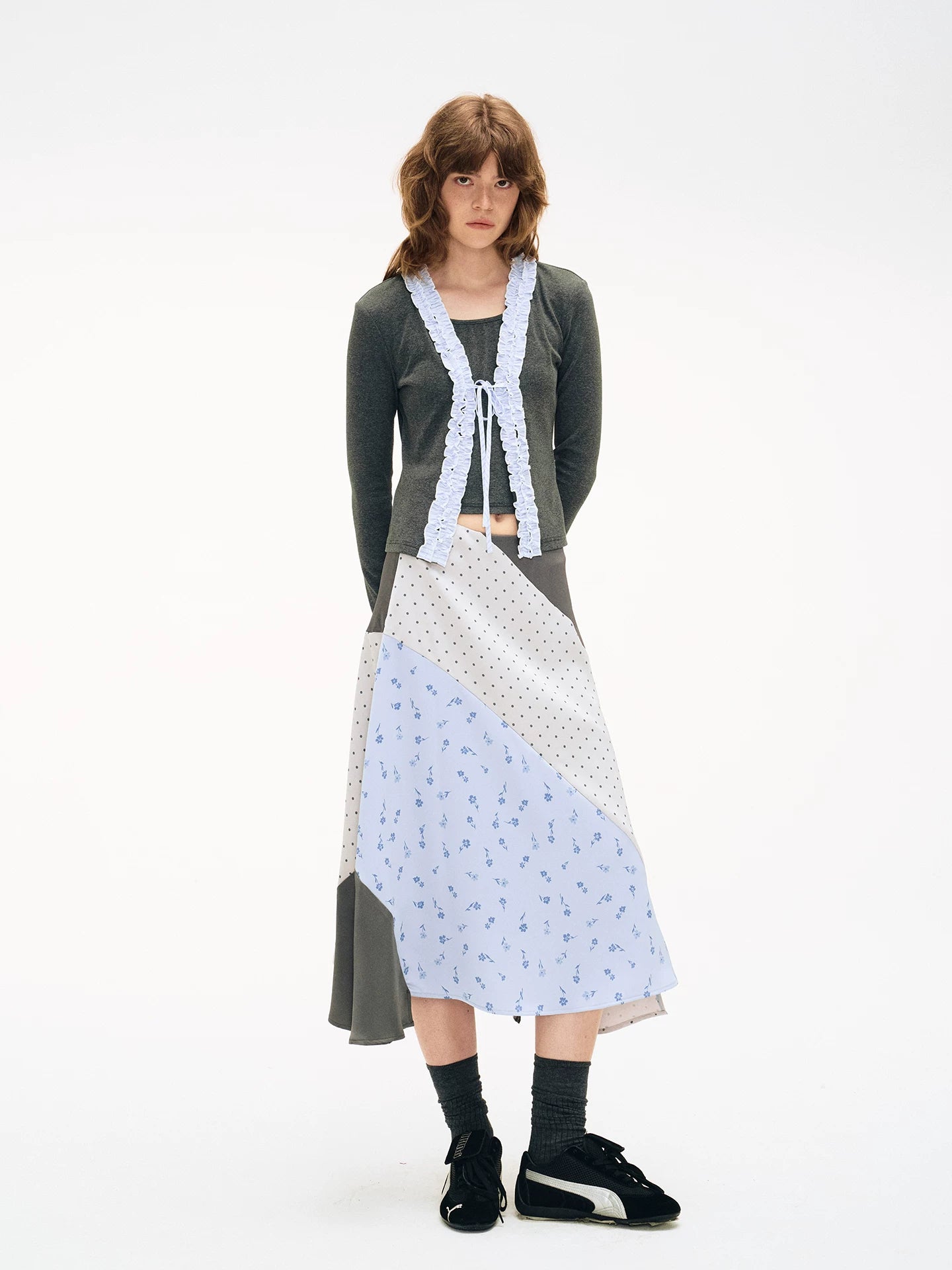 Retro Asymmetric Color-Blocked Satin Print Skirt