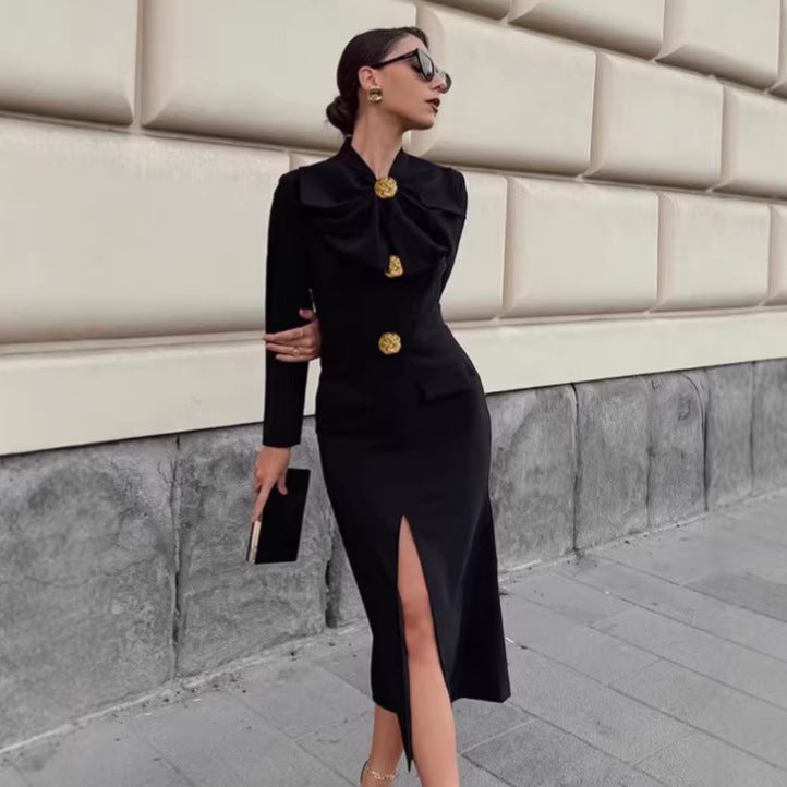 V-neck Bow-Tie Long-Sleeve Dress