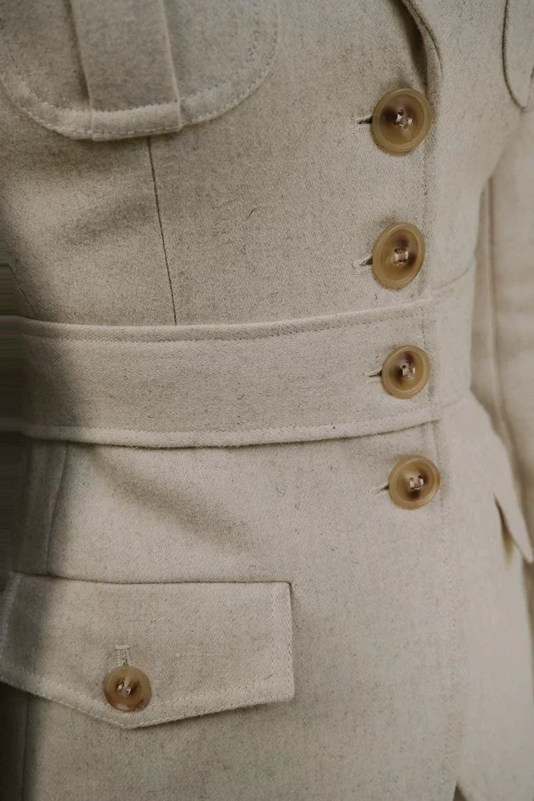 Retro Suit Straight-Leg Shorts French-Style Set Beige Wool Two-Piece