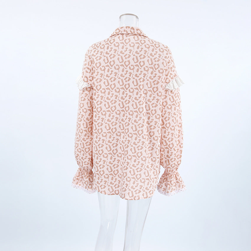 Ruffled Lantern Sleeve Top - Pink Leopard Print Shirt
