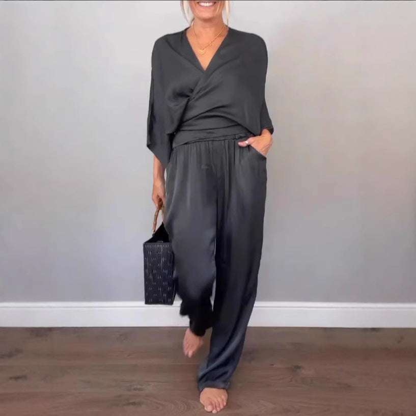 Summer Fashion Solid-Color Satin Short-Sleeve Top and Pants Set