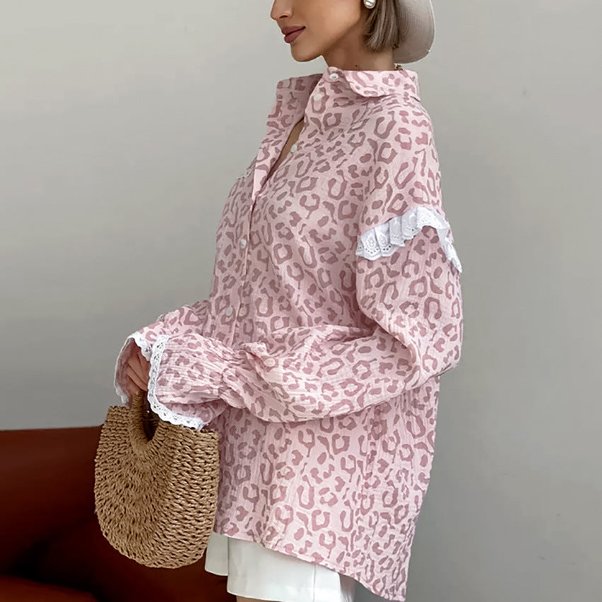 Ruffled Lantern Sleeve Top - Pink Leopard Print Shirt