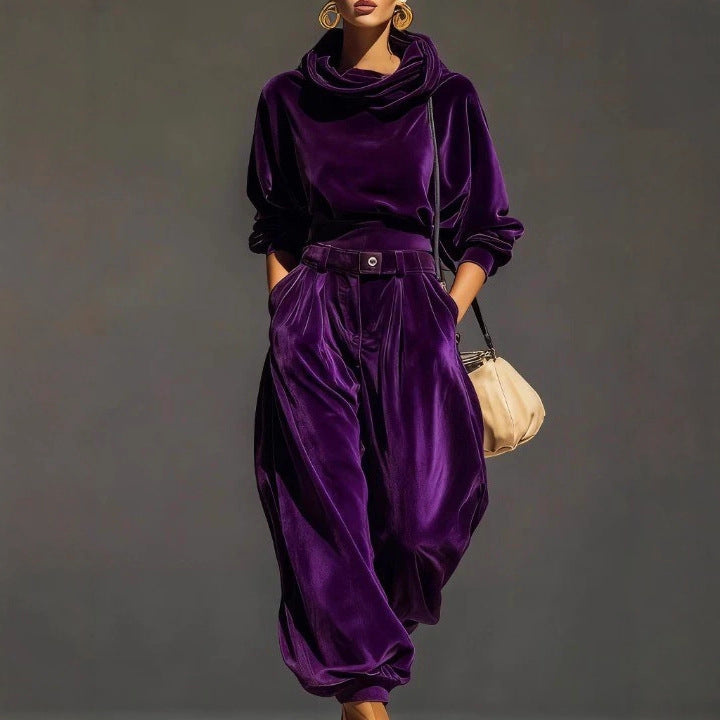 Women's Velvet Hooded Long-Sleeve Tunic with Flared Legs Casual Set