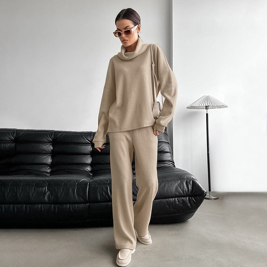 Khaki High-Neck Knit Sweater Set