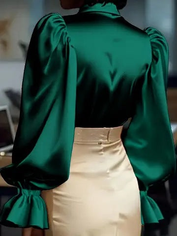 Women's Long-Sleeved Collared Satin Shirt